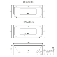 Пристенная ванна из литого камня Balteco Leon E15 180 правосторонняя, белая внутри/цветная снаружи