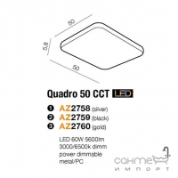 Стельовий світильник Azzardo Quadro 50 LED CCT 60W 2700-6500K AZ2759 чорний, білий пластик