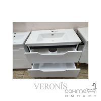 Тумба підлогова з раковиною та дзеркало з підсвічуванням Veronis Metawood 85 White VE-TMETAWOODWB85 білий глянець/чорний