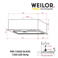 Встраиваемая кухонная вытяжка Weilor PBS 72650 GLASS BL 1250 LED Strip черное стекло