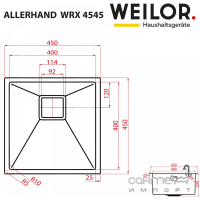 Квадратная кухонная мойка Weilor Allerhand WRX 4545 нержавеющая сталь