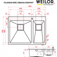 Кухонна мийка півтори чаші Weilor Filigran WRC DB6950 Graphit чорна нержавіюча сталь