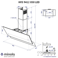 Наклонная кухонная вытяжка Minola HVS 9412 GR 850 LED серое стекло