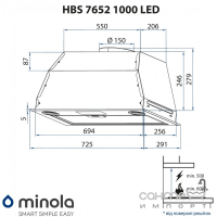 Вбудована кухонна витяжка Minola HBS 7652 BL 1000 LED чорна