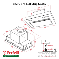 Вбудована витяжка Perfelli BISP 7873 BL LED Strip GLASS чорне скло, 1200 м3/год