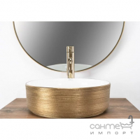 Круглая раковина на столешницу Rea Sami Gold Brush REA-U6630 белая/матовое золото с рельефом