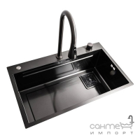 Прямокутна кухонна мийка із змішувачем та каскадом Platinum Handmade WaterFall 3.0/0.7 mm PVD Black 7545А