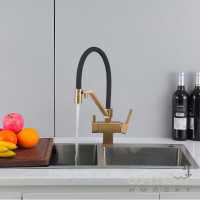Змішувач для кухні з гнучким виливом та зливом для фільтрованої води Gappo G4395-63 золото сатін