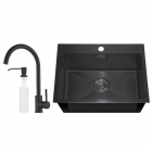 Прямоугольная кухонная мойка с смесителем и дозатором Mixxus MX7844-200x1.2-PVD-BLACK черная сталь
