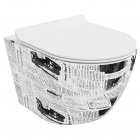 Безободковий підвісний унітаз із сидінням дюропласт softclose Mexen Lena White NP MEX-30224099 білий, декор газети