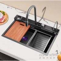 Прямоугольная кухонная мойка со смесителем, каскадом, краном Platinum Handmade WaterFall PVD Black 7545D