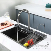Прямоугольная кухонная мойка со смесителем, каскадом, краном Platinum Handmade WaterFall PVD Black 7545D
