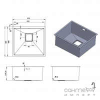 Прямоугольная кухонная мойка под столешницу Fabiano Quadro 49 Celldecor Nano Graphite графит, декор клетки