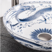 Круглая раковина на столешницу Rea Kioto REA-U6032 декор с синим драконом на белом фоне