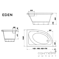 Ассиметричная угловая ванна из литого мрамора Studio Stone Eden L 1700x1000 белая, левосторонняя