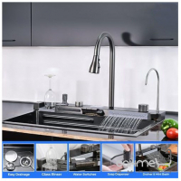 Прямоугольная кухонная мойка с каскадом и смесителем Zerix Nano-Black ZH7546-SET-02 ZM5576 черная