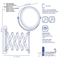 Настенное косметическое зеркало на шарнире с LED-подсветкой и увеличением х5 Kela Valeria 20643 хром