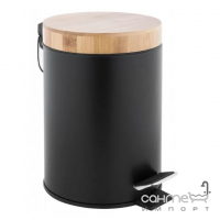 Круглая урна для мусора 3 л с педалью и бамбуковой крышкой Yoka Bin Black Bamboo CH.BIN-BLK матовая черная