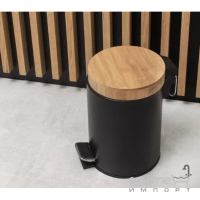 Круглая урна для мусора 3 л с педалью и бамбуковой крышкой Yoka Bin Black Bamboo CH.BIN-BLK матовая черная