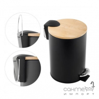 Кругла урна для сміття 3 л з педаллю та бамбуковою кришкою Yoka Vini Black Bamboo CH.VINI-BLK матова чорна