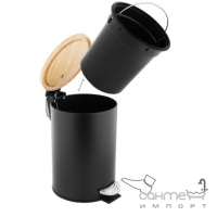 Кругла урна для сміття 3 л з педаллю та бамбуковою кришкою Yoka Vini Black Bamboo CH.VINI-BLK матова чорна