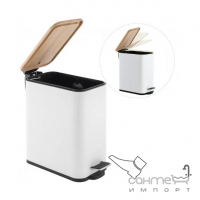 Узкая урна для мусора 5 л с педалью и бамбуковой крышкой Yoka Moby White Bamboo CH.MOBY-5-WHT матовая белая