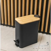 Вузька урна для сміття 5 л з педаллю та бамбуковою кришкою Yoka Moby Black Bamboo CH.MOBY-5-BLK матова чорна