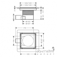 Точковий душовий трап Hansgrohe Raindrain Brilliance 150x150 56251670 матовий чорний/під плитку